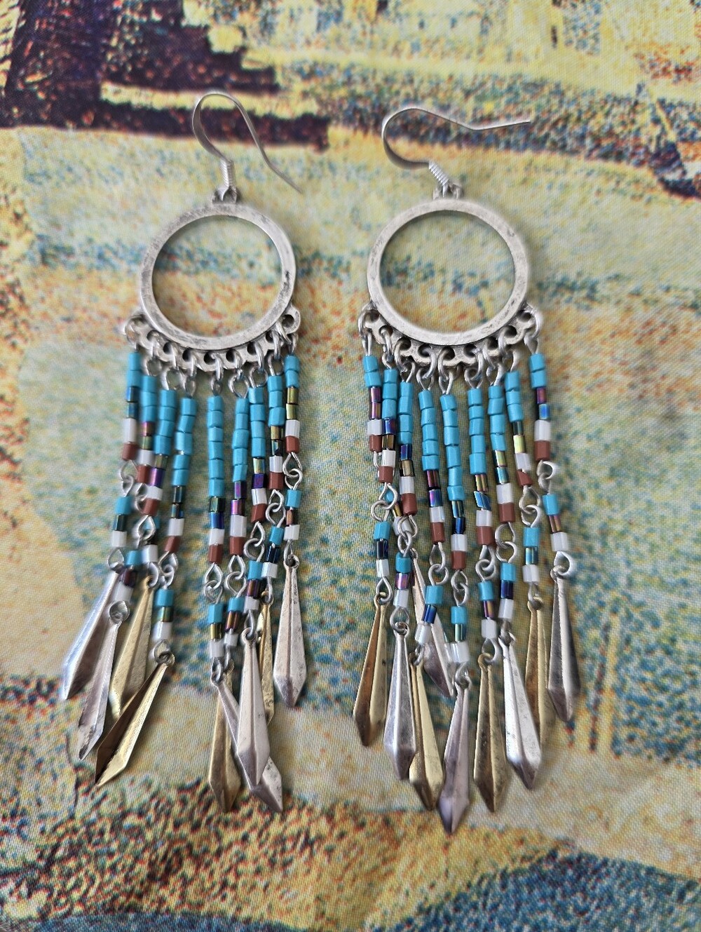 Vintage Y2K Navajo Handcrafted Turquoise Beaded Fringe Hoop Earrings Boho Silver